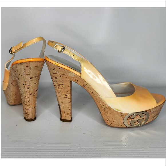 GUCCI vintage 38 ombre Patent Leather Cork GG PLATFORM slingback shoes Authentic - Picture 4 of 5